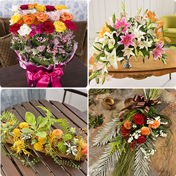 市場から直送の新鮮な生花をふんだんに使い、季節やイベントに合わせたアレンジメントや花束、ウエディングブーケ、ギフト用アレンジメントなど、さまざまな作品を作ります。